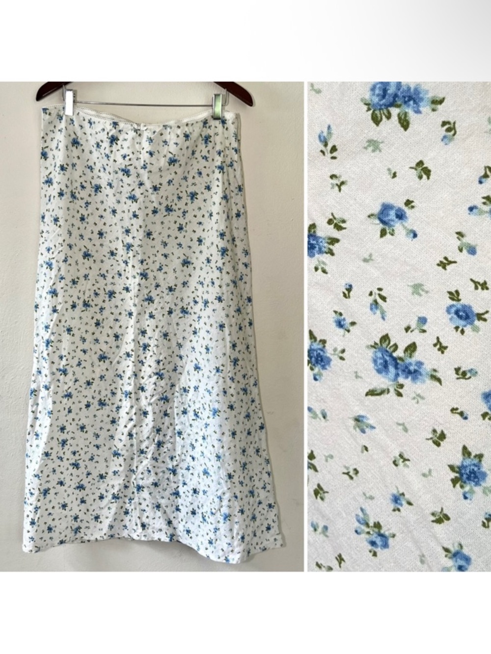 Wild Fable White Linen Midi Skirt with Blue Floral Print